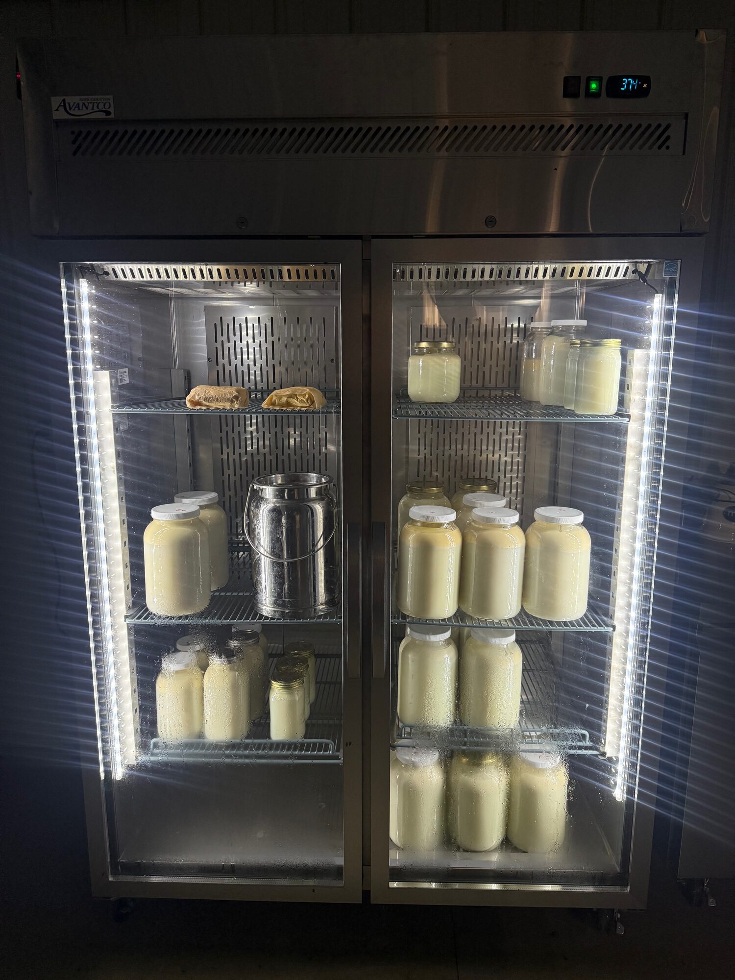Glass jars of milk and cream in the farm cooler